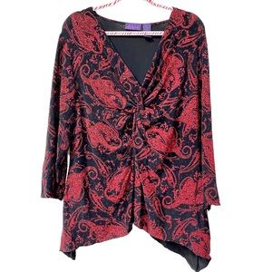 Metaphor Black red Glittery Paisley Handkerchief Hem Top Blouse plus 3X